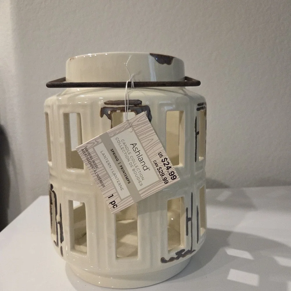 2 Ashland Spring Candle Collection White Ceramic Lanterns Rustic Farmhouse Set